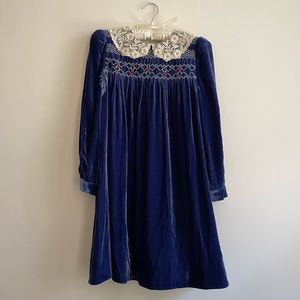 Coach Blue Velvet Smocked Embroidered Babydoll Dress with Lace Collar